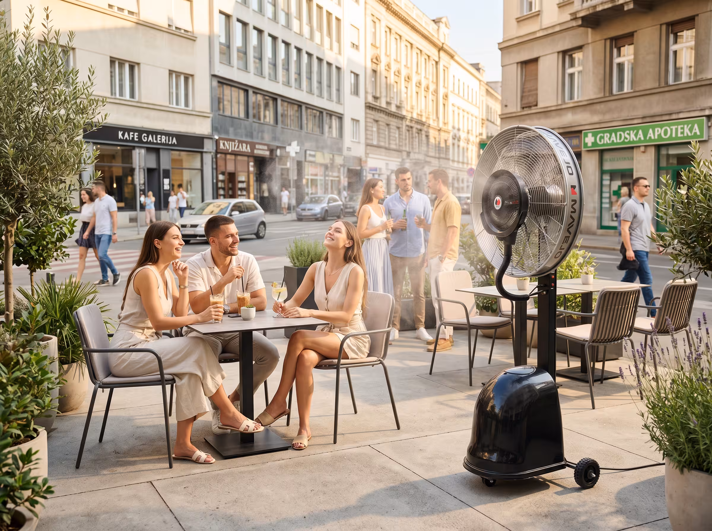 Ventilator na vodu na terasi restorana puna gostiju